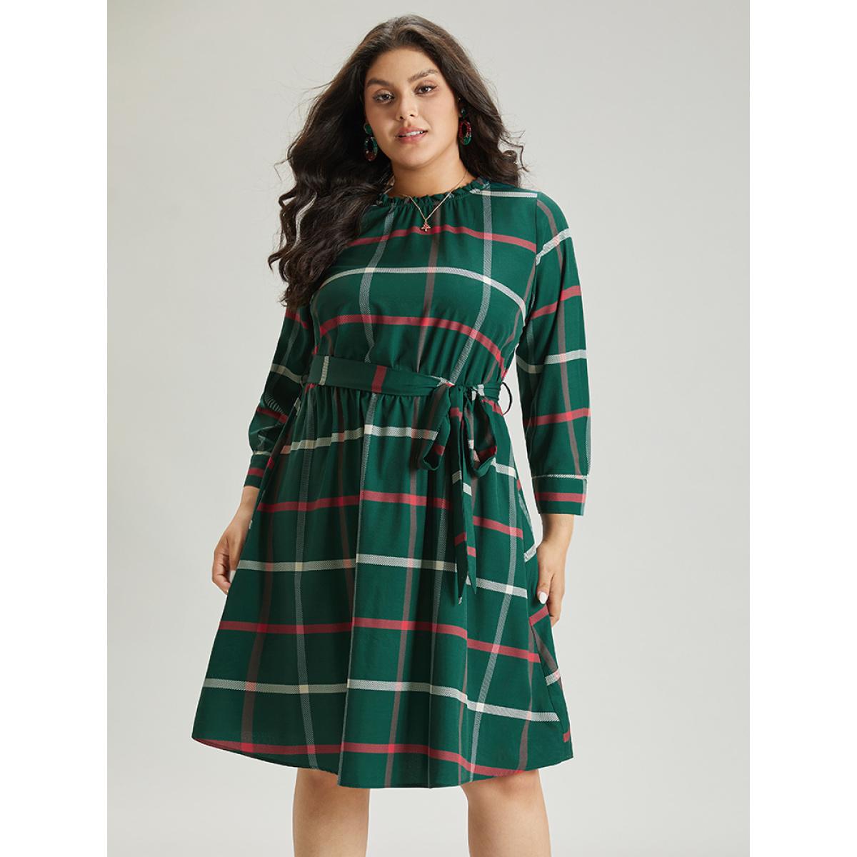Plus Size Plaid Stand Collar Gathered Belted Dress Multicolor Women Office Printed Stand-up collar Elbow-length sleeve Curvy Midi Dress BloomChic 22-24/3X Product Image