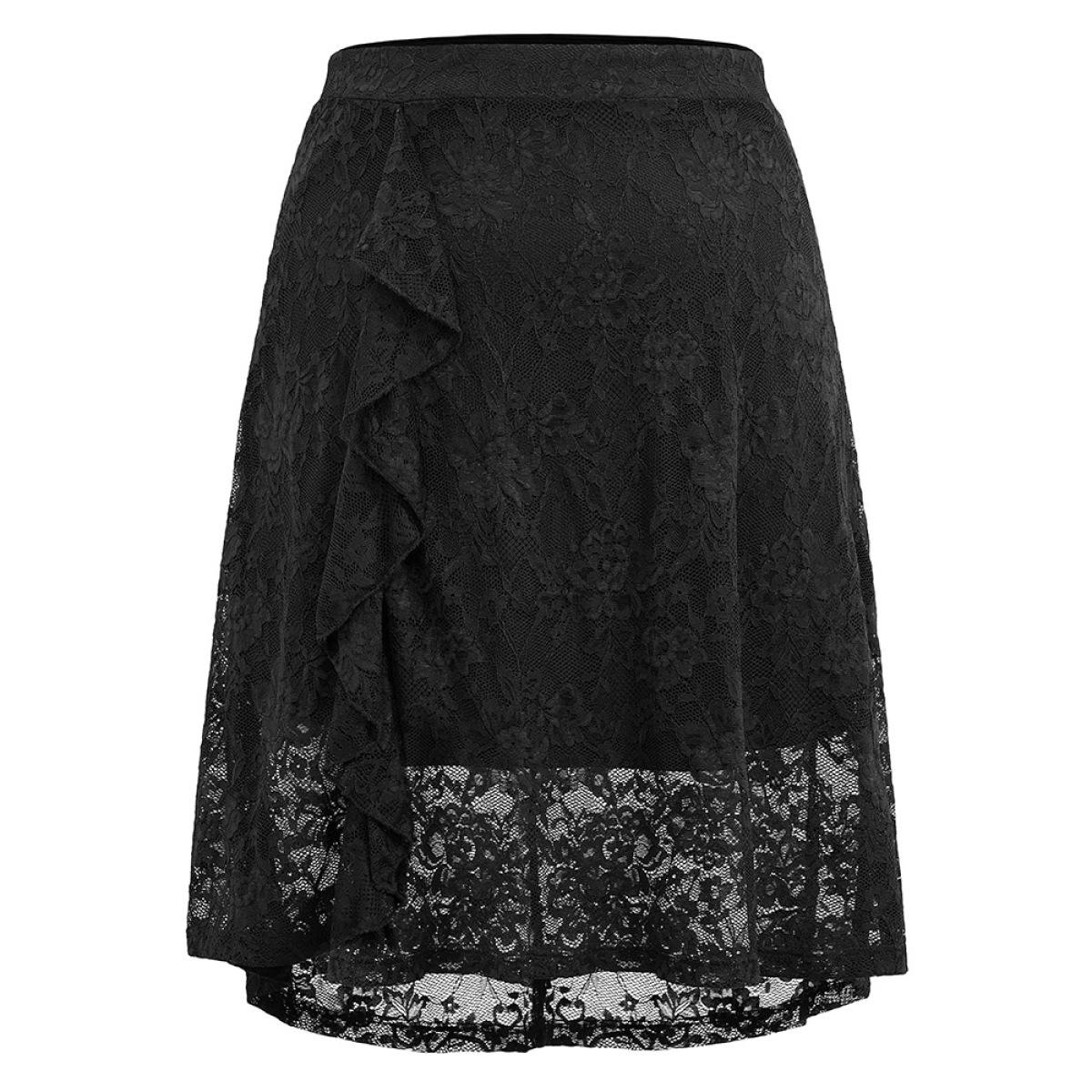 Plus Size Guipure Lace Elastic Waist Asymmetrical Ruffles Skirt Women Black At the Office Lined No stretch Office Skirts BloomChic 22-24/3X Product Image