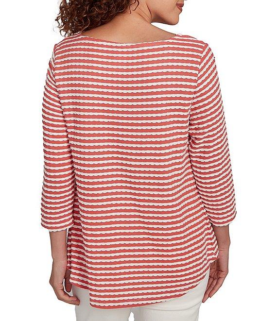 Ruby Rd. Petite Size Textured Knit Stripe Print Square Neck 3/4 Sleeve Top Product Image
