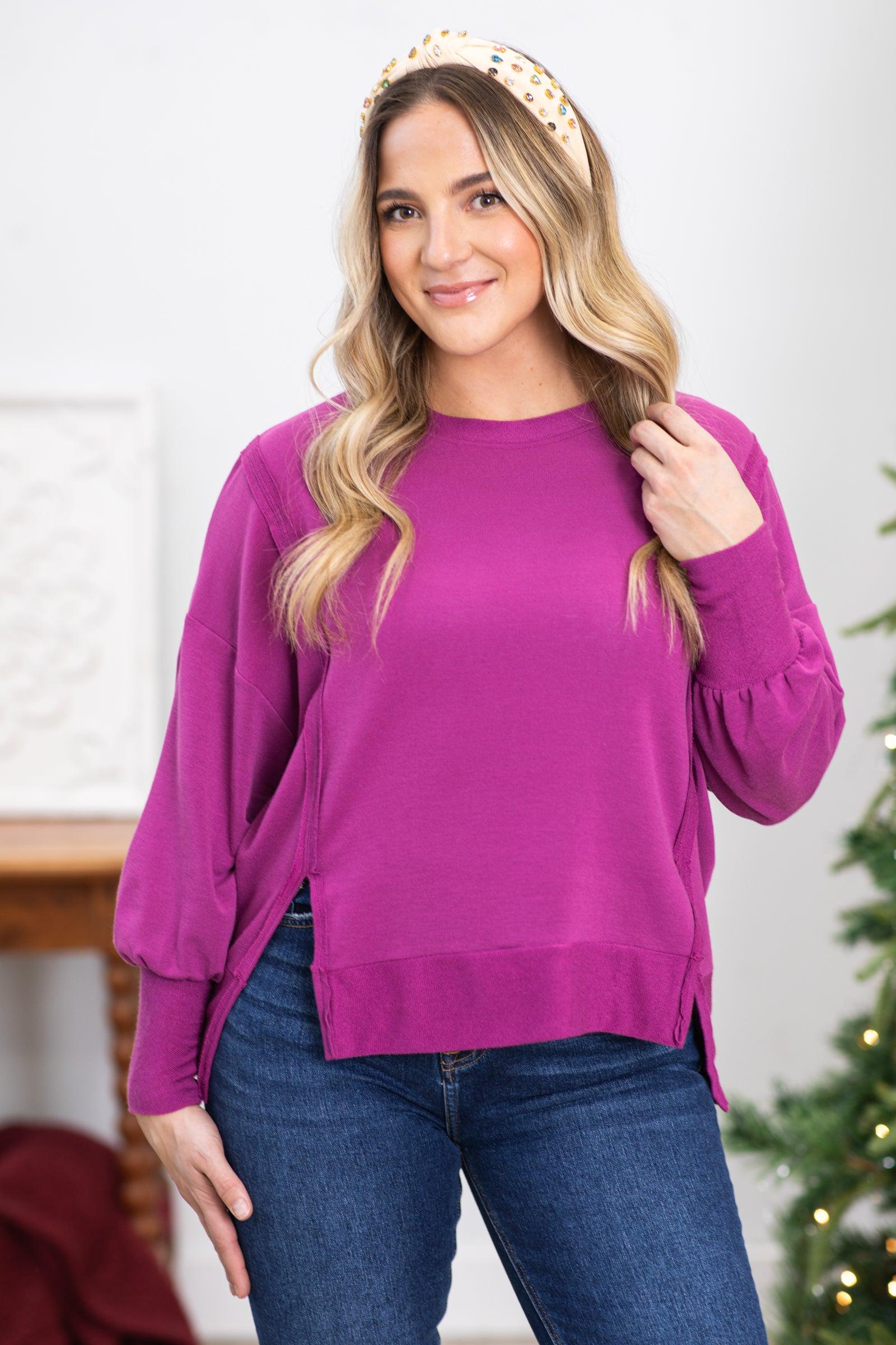Berry Solid Comfort Round Neck Knit Top Product Image