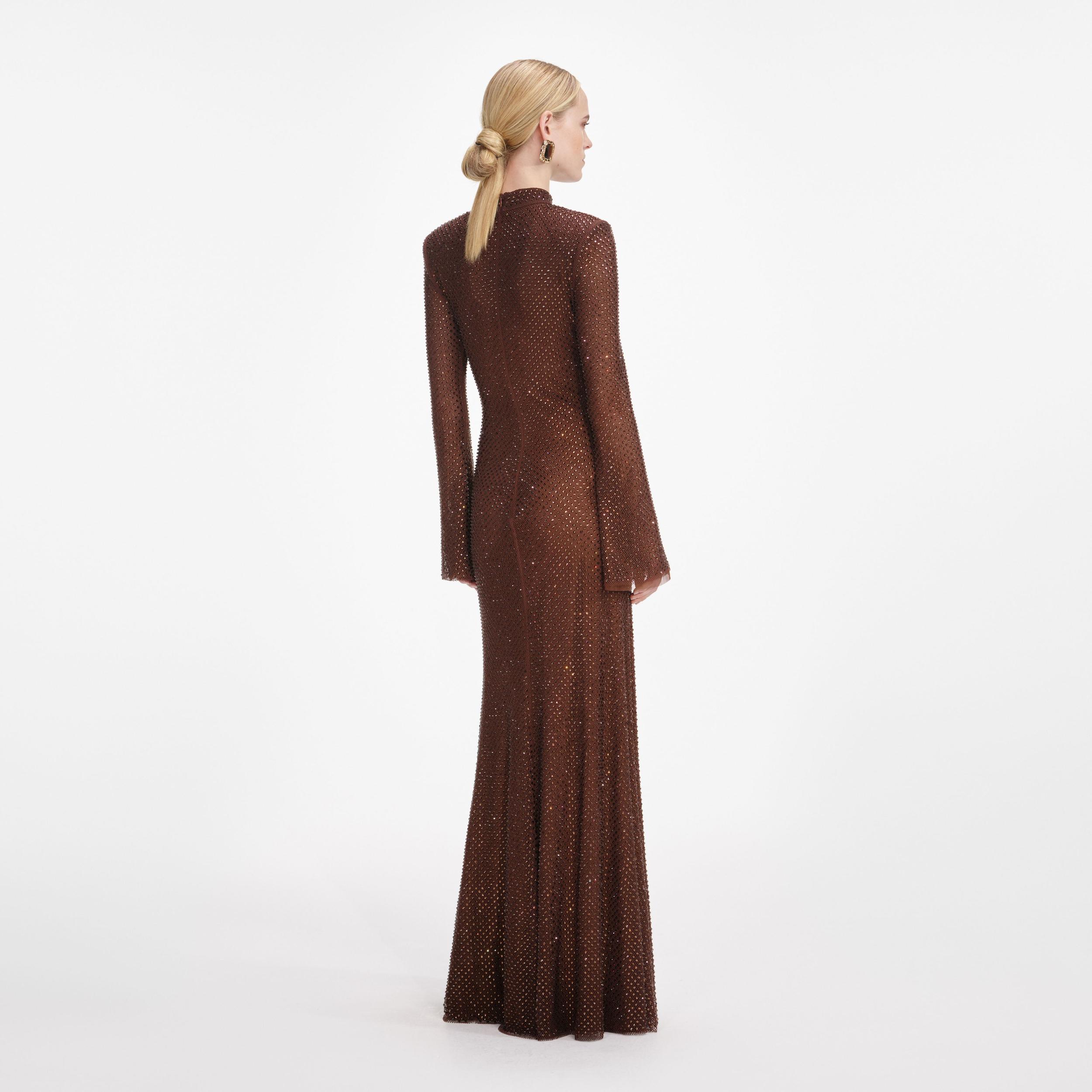 Brown Rhinestone Mesh Maxi Dress Product Image