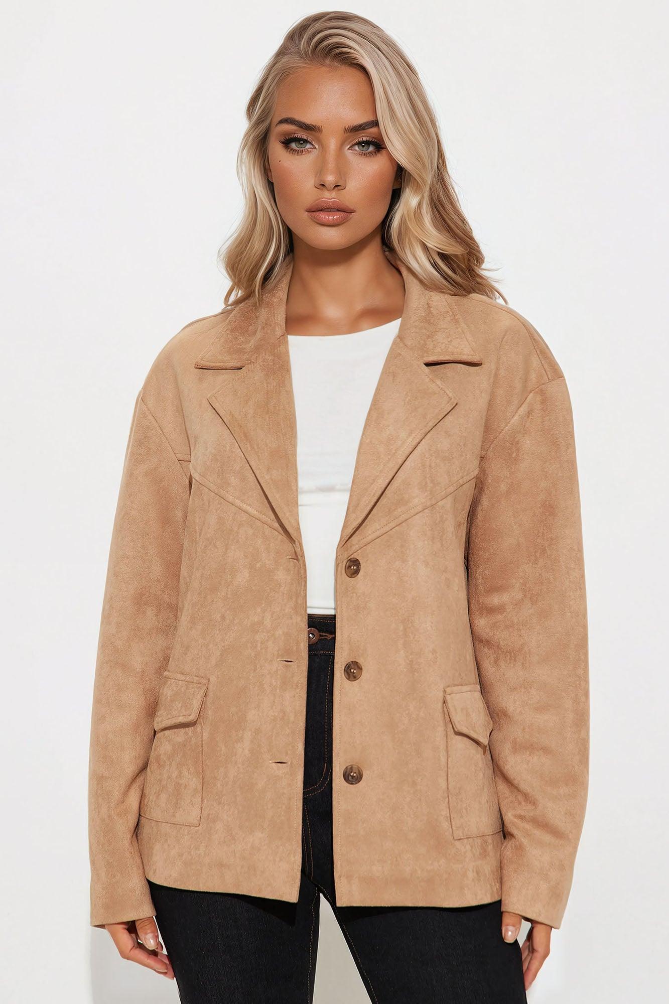 Everyday Casual Faux Suede Shacket - Taupe Female Product Image