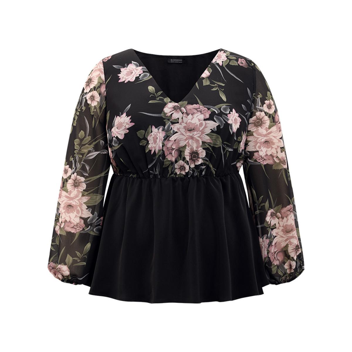 Plus Size Black Floral Print Patchwork Elastic Waist Lantern Sleeve Blouse Women Elegant Long Sleeve V-neck Going out Blouses BloomChic 14-16/1X Product Image