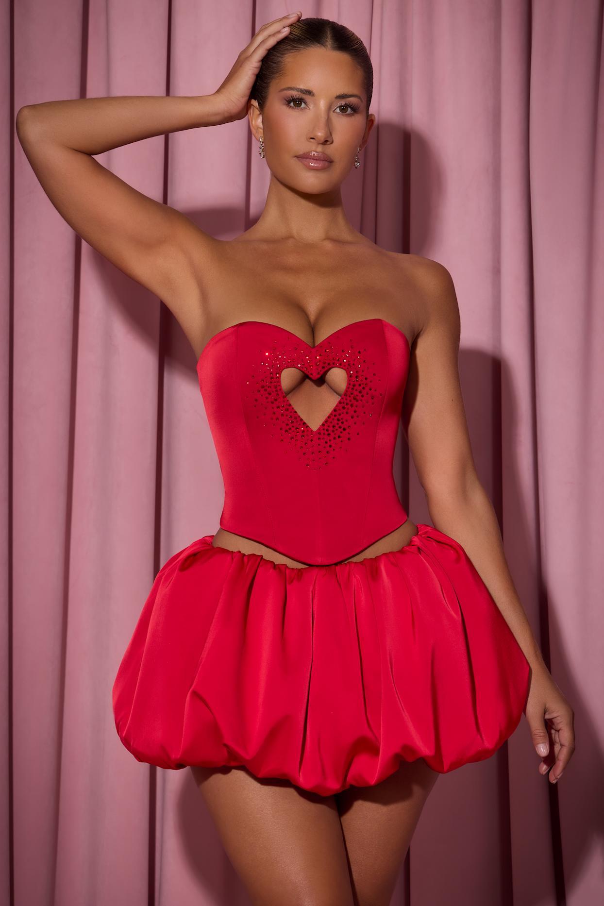 Embellished Heart Cut-Out Strapless Corset Top in Red Product Image