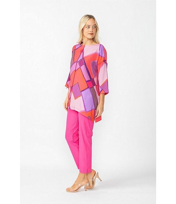 IC Collection Woven Abstract Print Boat Neck 3/4 Sleeve Asymmetrical Hem Tunic Product Image