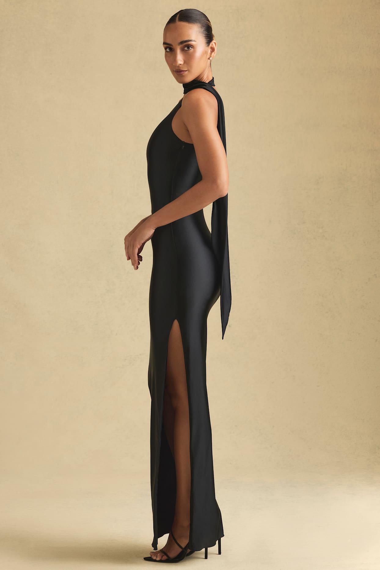 Asymmetric Scarf-Detail Maxi Dress in Black Product Image