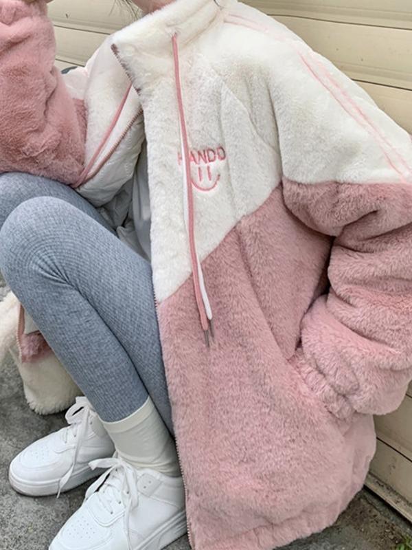 Contrast Color Splice Drawstring Collar Neck Embroidered Jacket Product Image