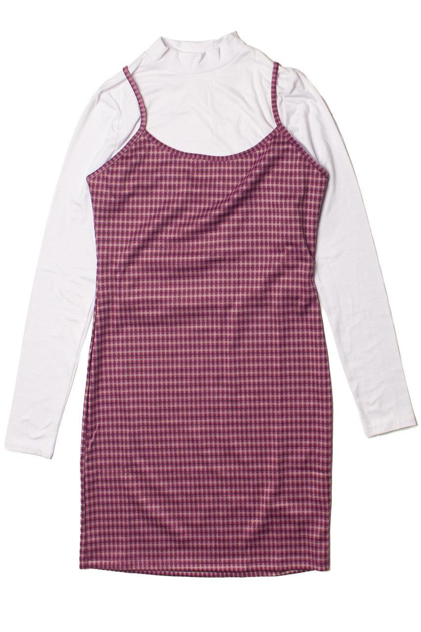 2 Piece Plaid Mini Dress With Long Sleeve Tee Product Image