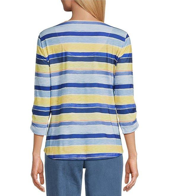 Allison Daley Stripe Print 3/4 Ruched Sleeve Criss Cross V-Neck Knit Top Product Image