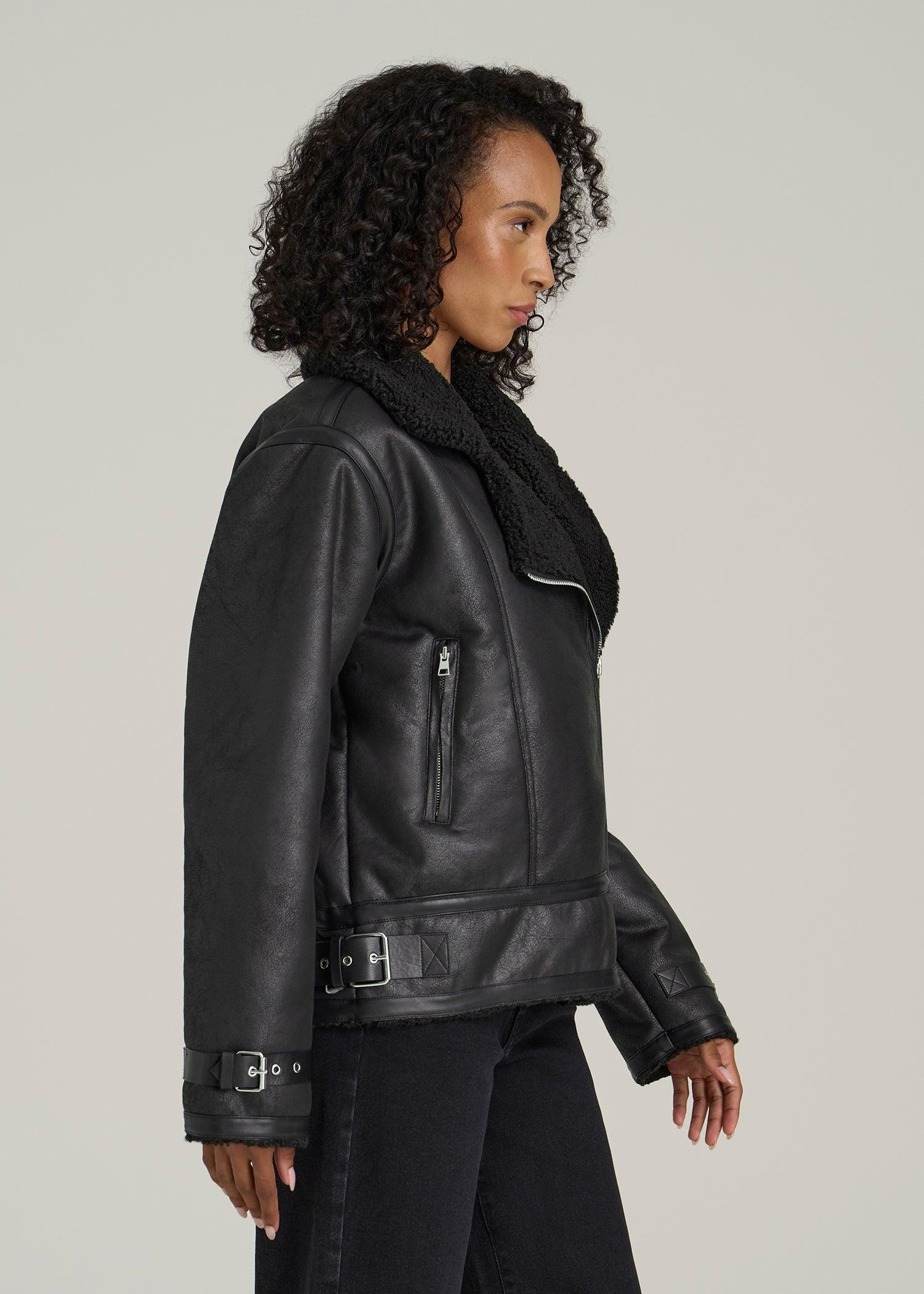 Shearling Moto Jacket for Tall Women in Black Female Product Image