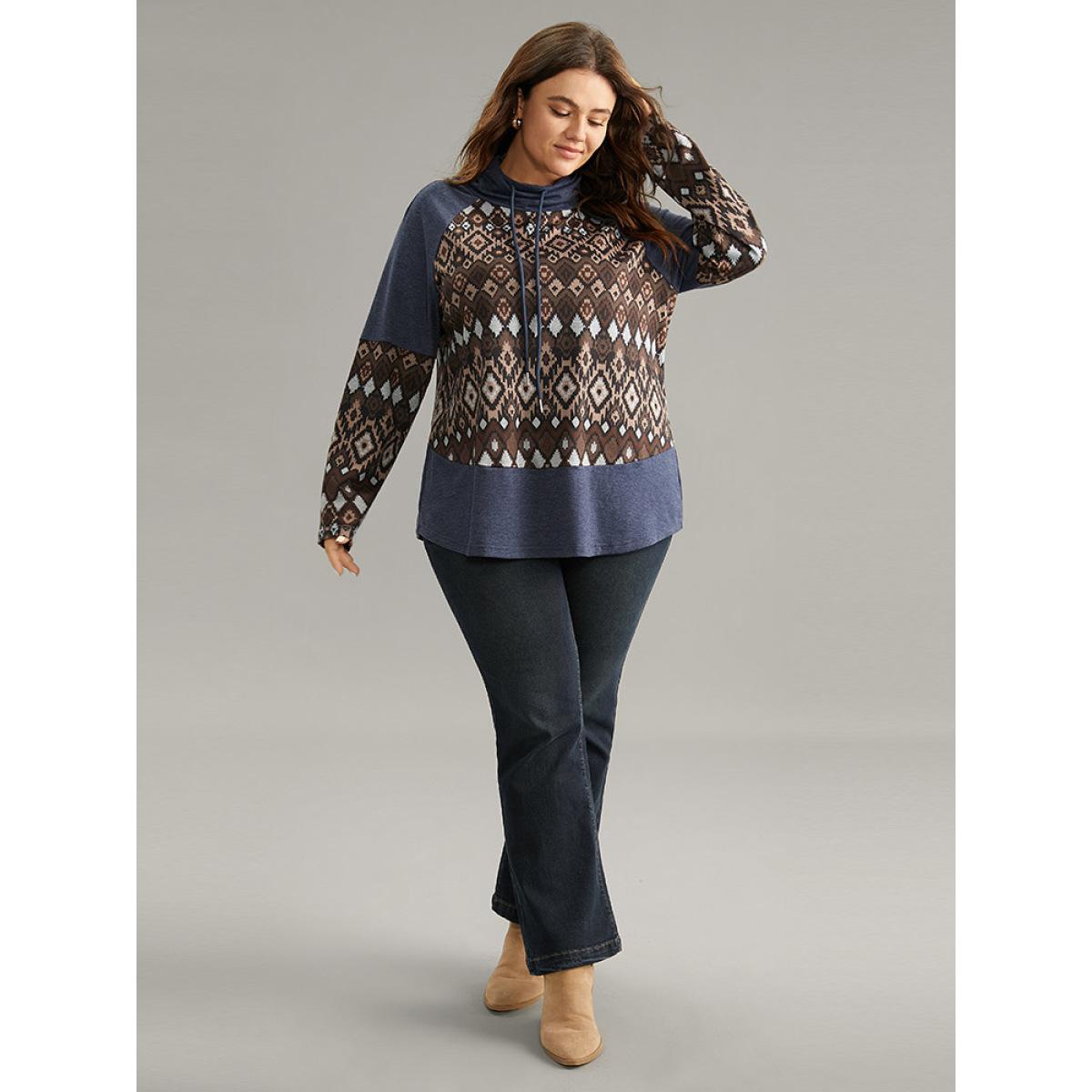 Plus Size Bandana Patchwork Mock Neck Raglan Sleeve Sweatshirt Women Indigo Casual Contrast Mock Neck Dailywear Sweatshirts BloomChic 14-16/1X Product Image