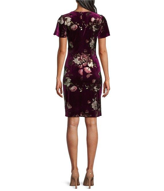 Ignite Evenings Floral Foil Print Square Neck Flutter Sleeve Velvet Sheath Dress Product Image