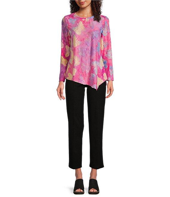 Calessa Petite Size Burnout Tie-Dye Crew Neck Long Sleeve Asymmetrical Hem Tunic Product Image