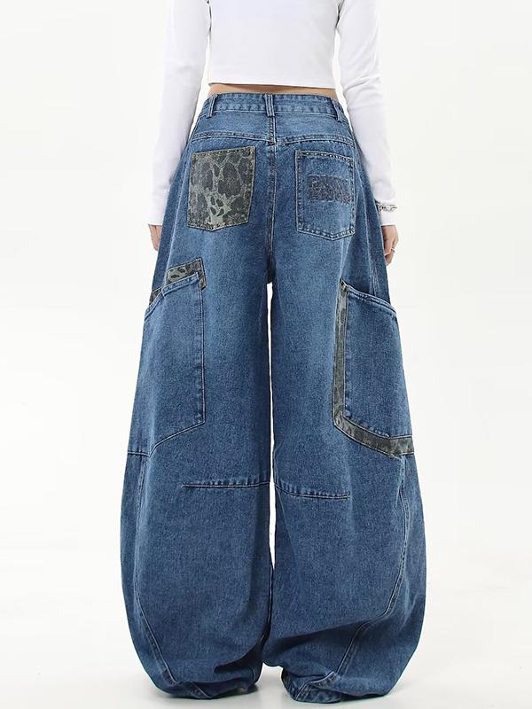 American Retro Leopard Print Stitching Boyfriend Jeans Product Image