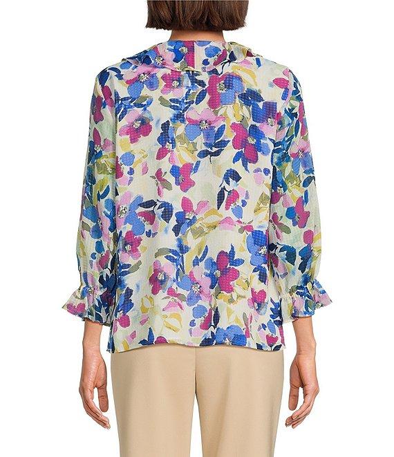 Investments Riley Woven Painted Garden Cascading Ruffle V-Neck 3/4 Sleeve Top Product Image