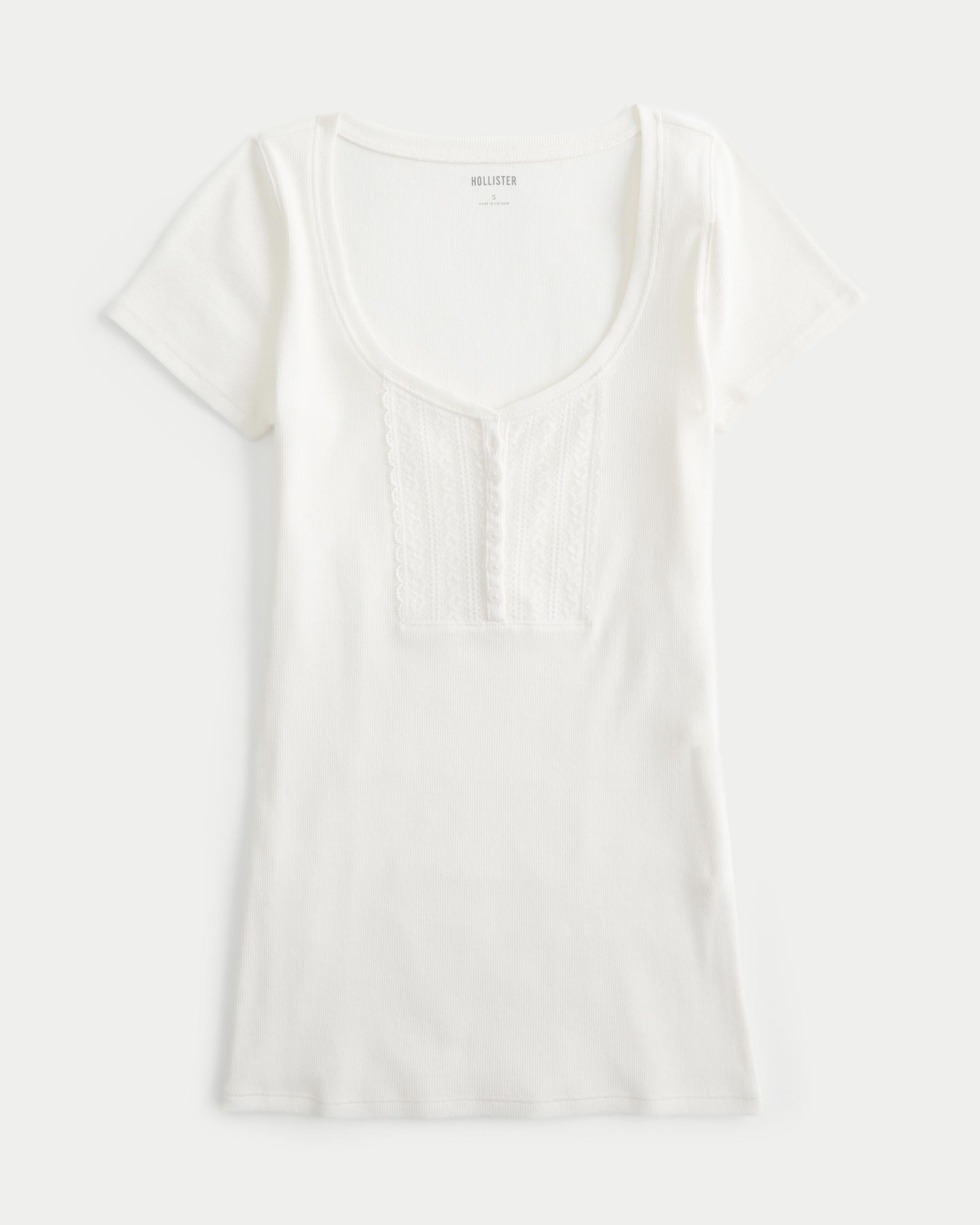 Ribbed Lace Placket Scoop Henley Product Image