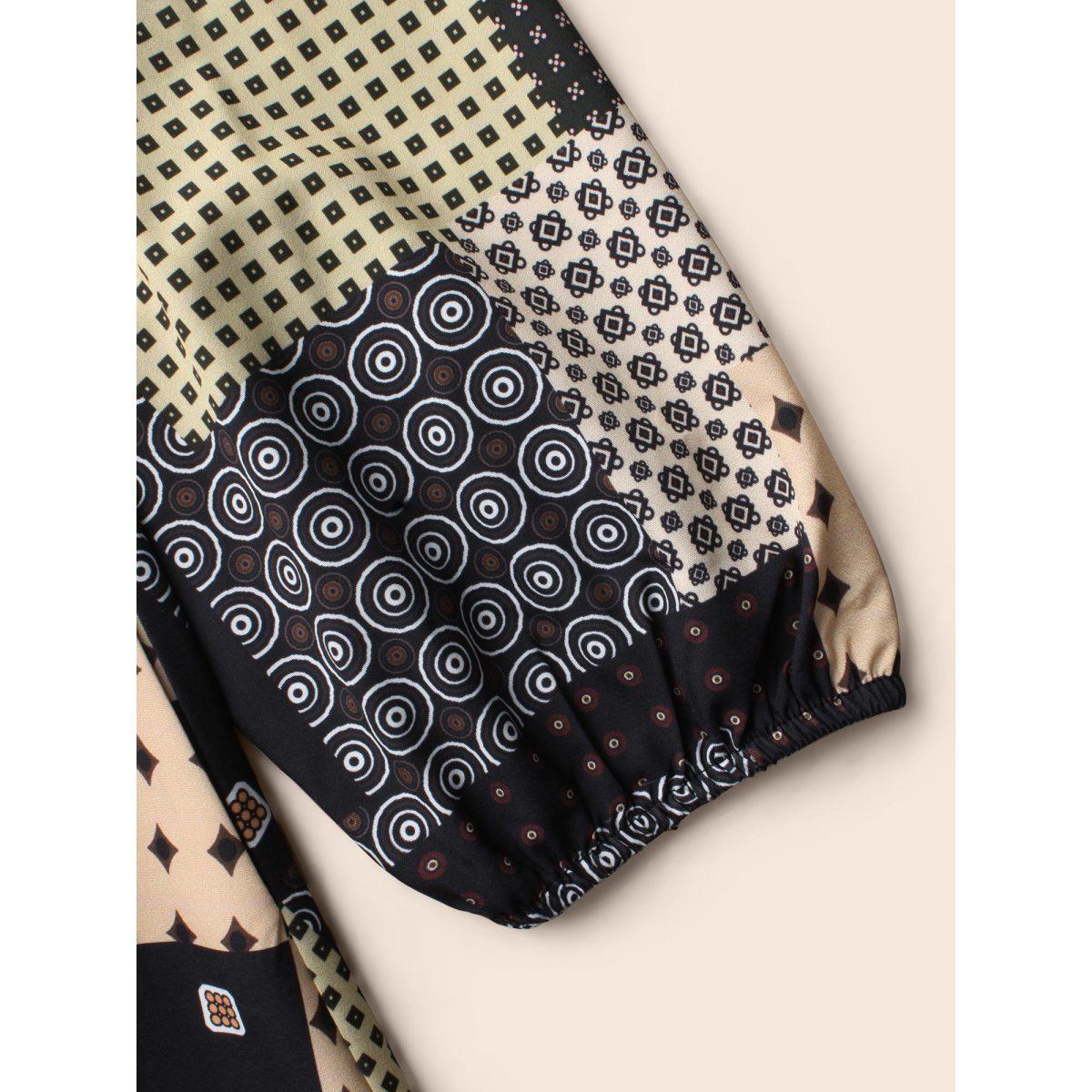 Plus Size Colorblock Contrast Notched Lantern Sleeve Dress Multicolor Women At the Office Button Flat collar with V-notch Long Sleeve Curvy BloomChic 22-24/3X Product Image