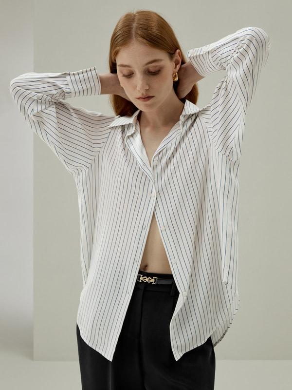 LILYSILK Women's Silk Charmeuse Oversized SOS Shirt, Brown Pinstripe, XXL Product Image