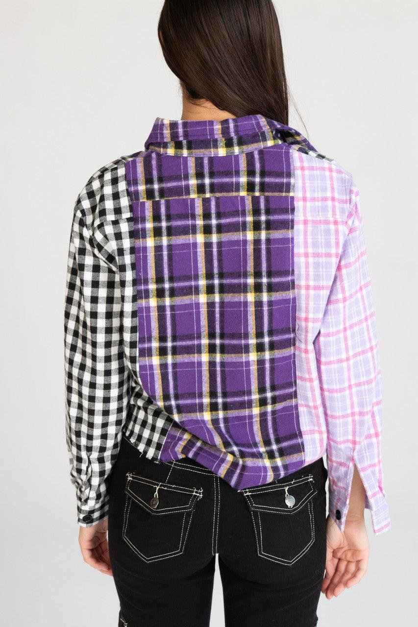 Cropped Patchwork Plaid Flannel Shirt Product Image