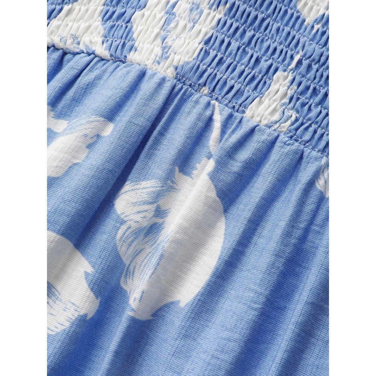 Plus Size Square Neck Silhouette Floral Print Shirred Dress LightBlue Women Elegant Shirred Square Neck Short sleeve Curvy BloomChic 22-24/3X Product Image