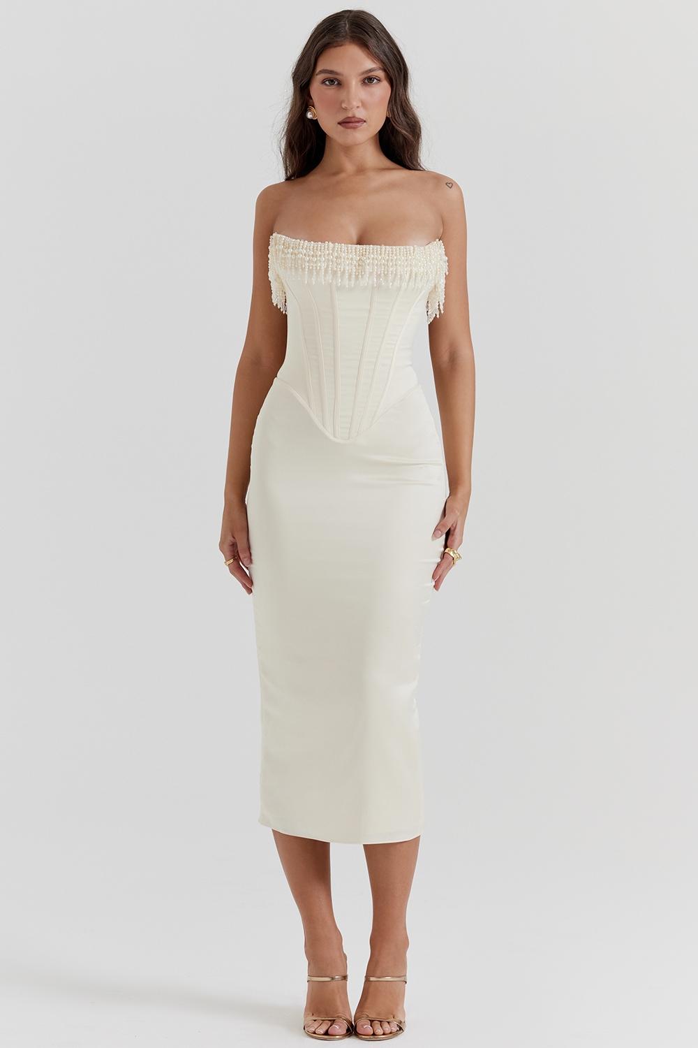 Nalita  vintage cream embellished strapless dress Product Image