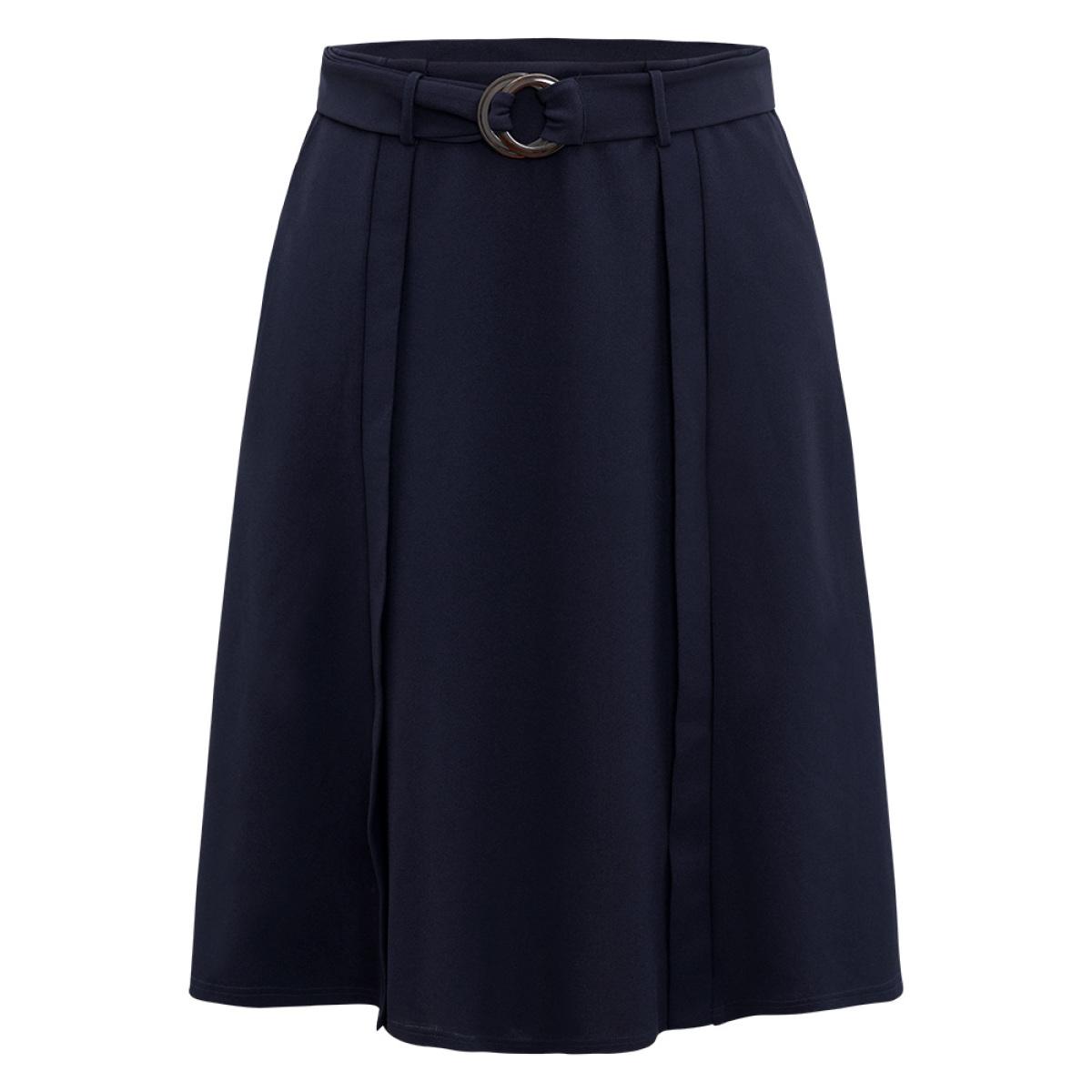 Plus Size Plain Pocket Belted Buckle Detail Midi Skirt Women Indigo Office Plain No stretch Pocket Belt Work Skirts BloomChic 18-20/2X Product Image