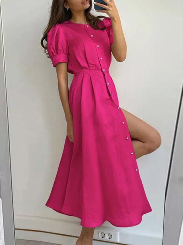 High Waisted Loose Buttoned Round-Neck Midi Dresses Product Image