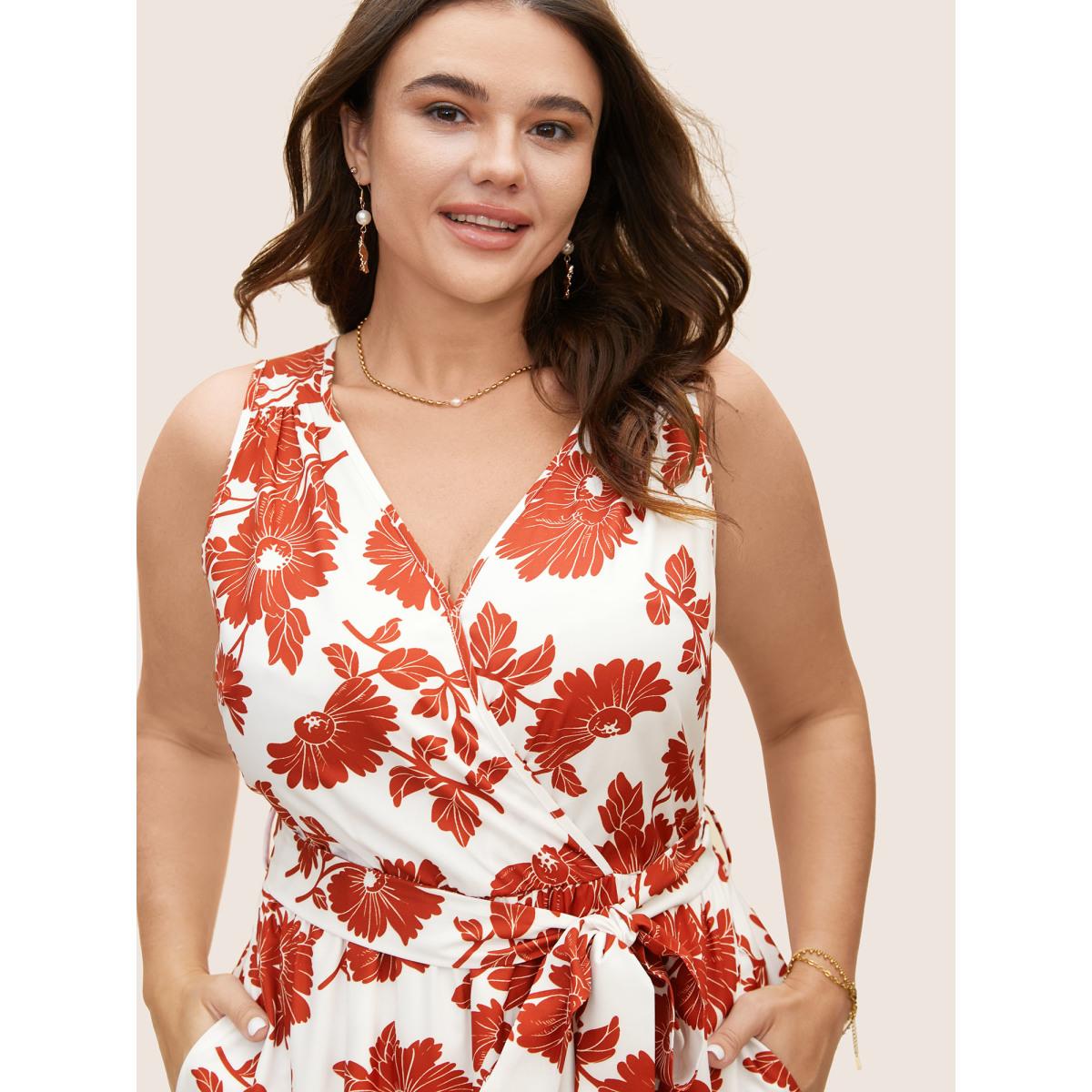 Plus Size Overlap Collar Floral Sleeveless Belted Dress Crimson Women Elegant Belted Overlap Collar Sleeveless Curvy BloomChic 10/M Product Image
