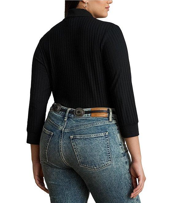 Lauren Ralph Lauren Plus Size Rib-Knit Polo Collar 3/4 Sleeve Shirt Product Image