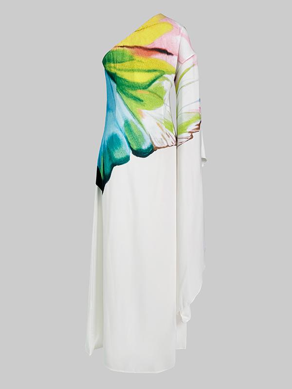 Long Sleeves Loose Asymmetric Flower Print One-Shoulder Maxi Dresses Product Image