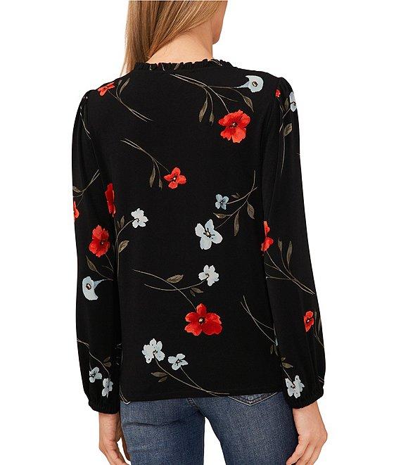 CeCe Floral Print Split V-Neck Long Blouson Sleeve Smocked Ruffle Shoulder Crepe Knit Top Product Image