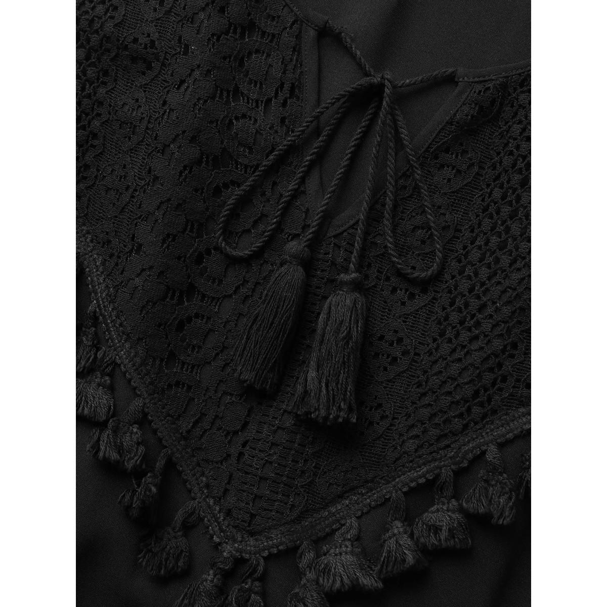 Plus Size Lace Panel Tassel Trim Mesh Tank Dress Black Women Resort Woven ribbon&lace trim Flat collar with V-notch Sleeveless Curvy BloomChic 18-20/2X Product Image
