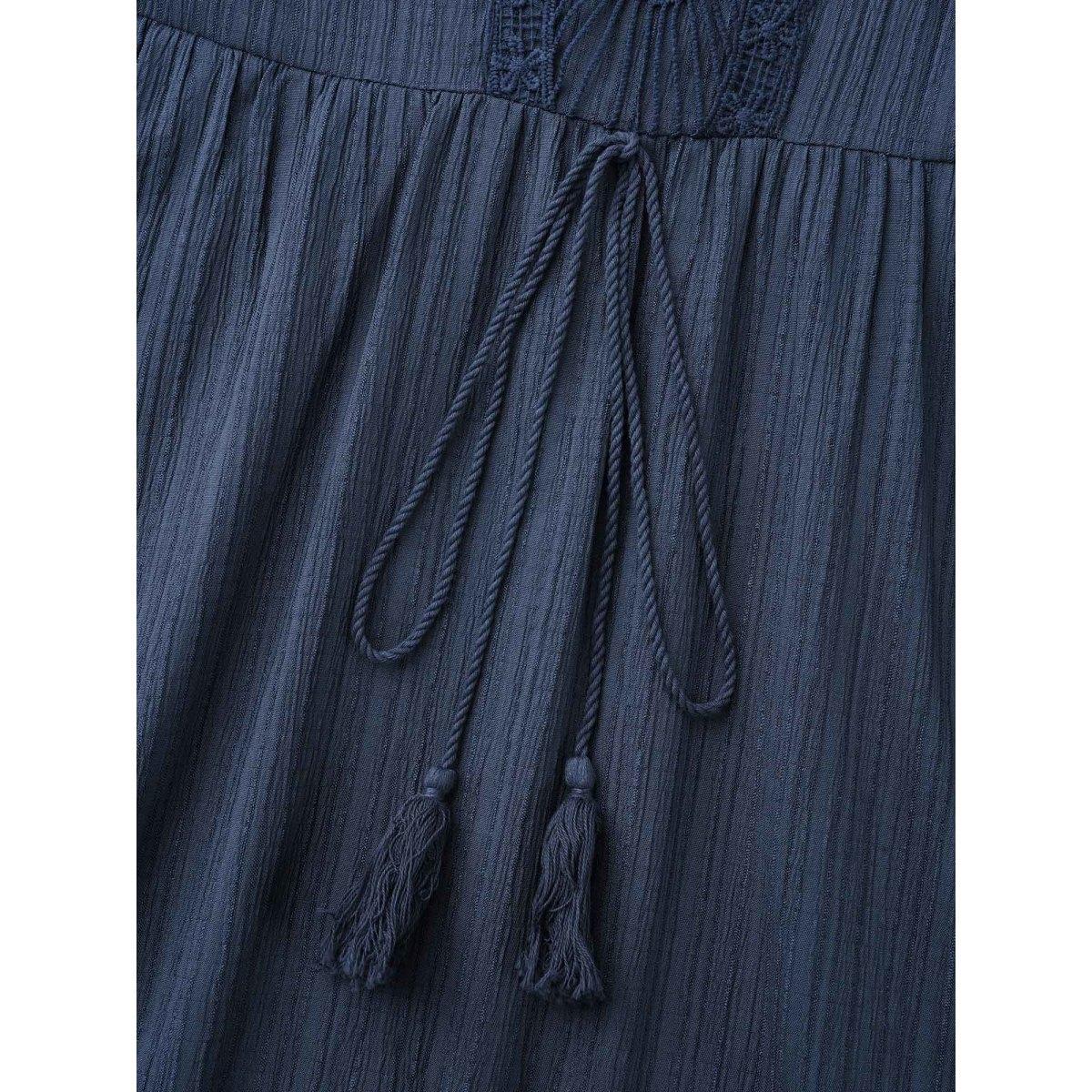 Plus Size Textured Lace Patchwork Waist-Cinched Midi Dress DarkBlue Women Casual Woven ribbon&lace trim V-neck Elbow-length sleeve Curvy BloomChic 22-24/3X Product Image