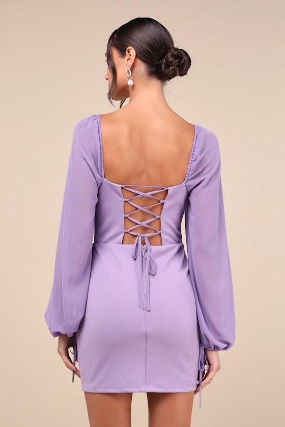 Delightful Love Lavender Lace-Up Balloon Sleeve Mini Dress Product Image