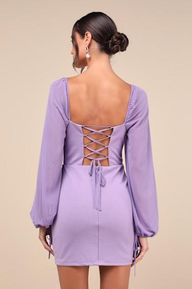 Delightful Love Lavender Lace-Up Balloon Sleeve Mini Dress Product Image
