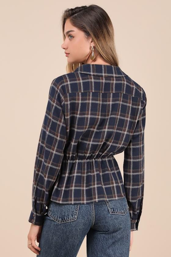 Seasonal Success Navy Blue Plaid Long Sleeve Peplum Top Product Image