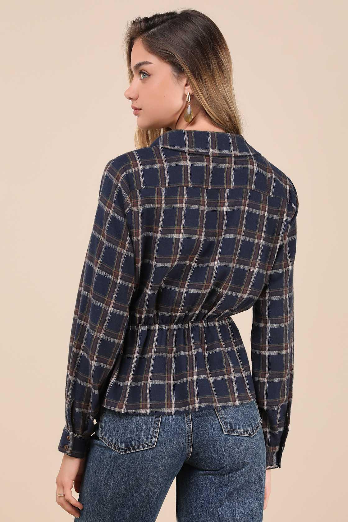Seasonal Success Navy Blue Plaid Long Sleeve Peplum Top Product Image