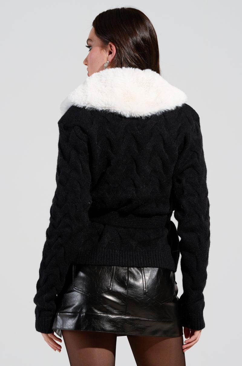 BABBS KNIT FUR TRIM CARDIGAN WITH SELF TIE BELT Product Image