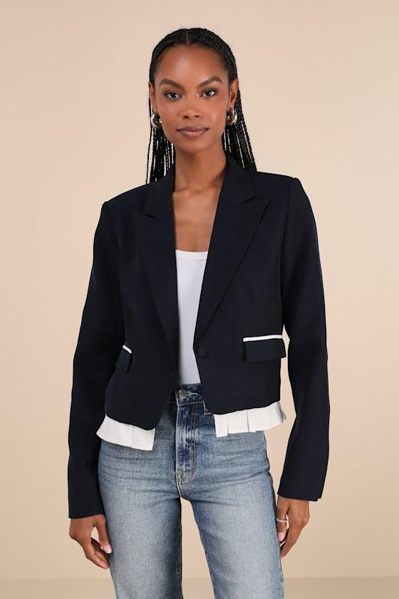 Preppy Charm Navy Blue Ruffled Blazer Product Image