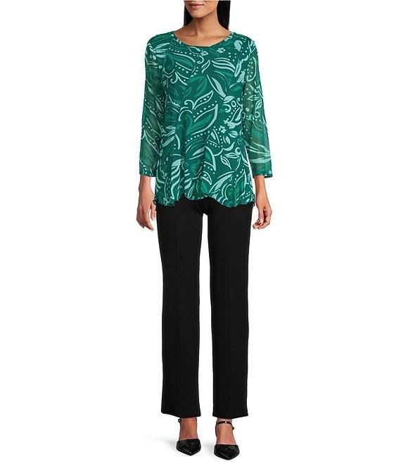 Slim Factor by Investments Kiki Paisley Print Crew Neck Long Sleeve Ruffled Hem Lined Top Product Image