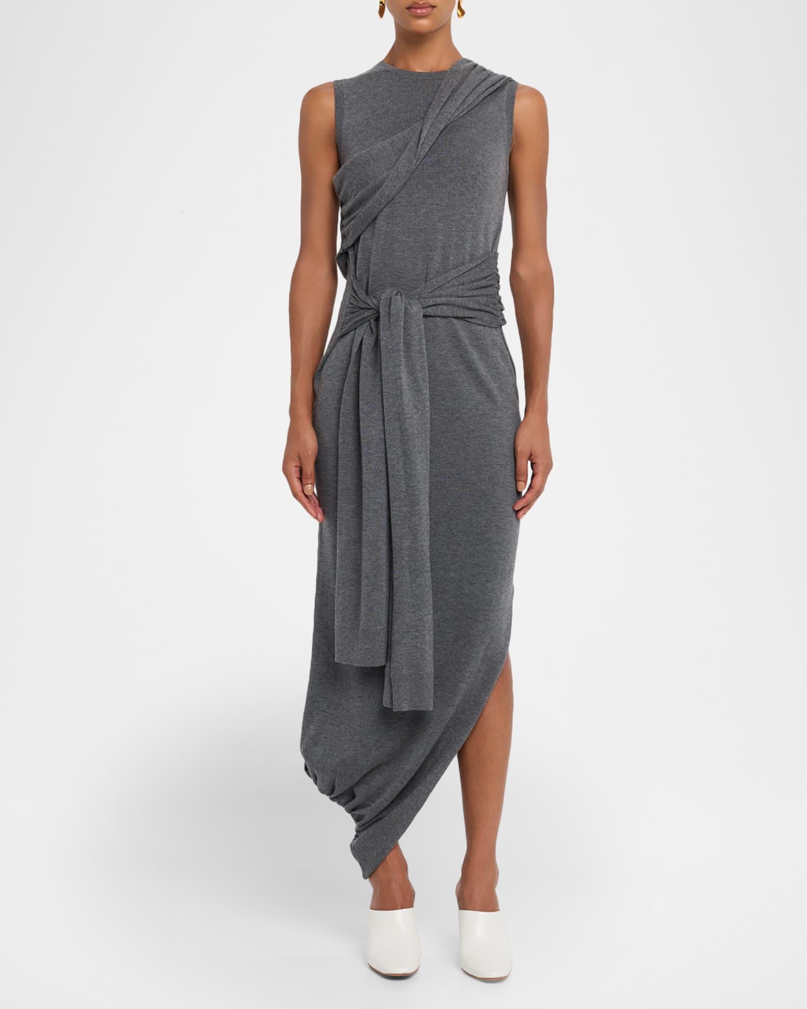 Tie-Sleeve Asymmetric Knit Midi Dress Product Image