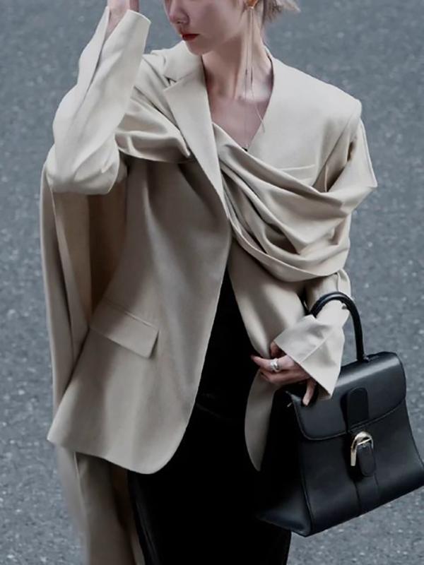 Long Sleeves Loose Pockets Solid Color Split-Joint Notched Collar Blazer Outerwear Product Image