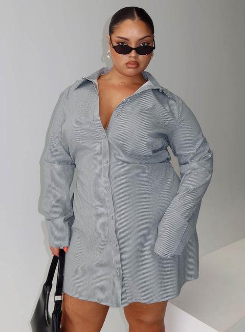 Publicity Long Sleeve Mini Dress Blue Pinstripe Curve Product Image