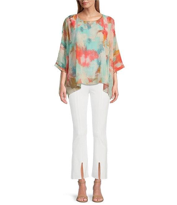 Slim Factor by Investments Abstract Haze Crew Neck 3/4 Dolman Sleeve Lined Blouse Product Image