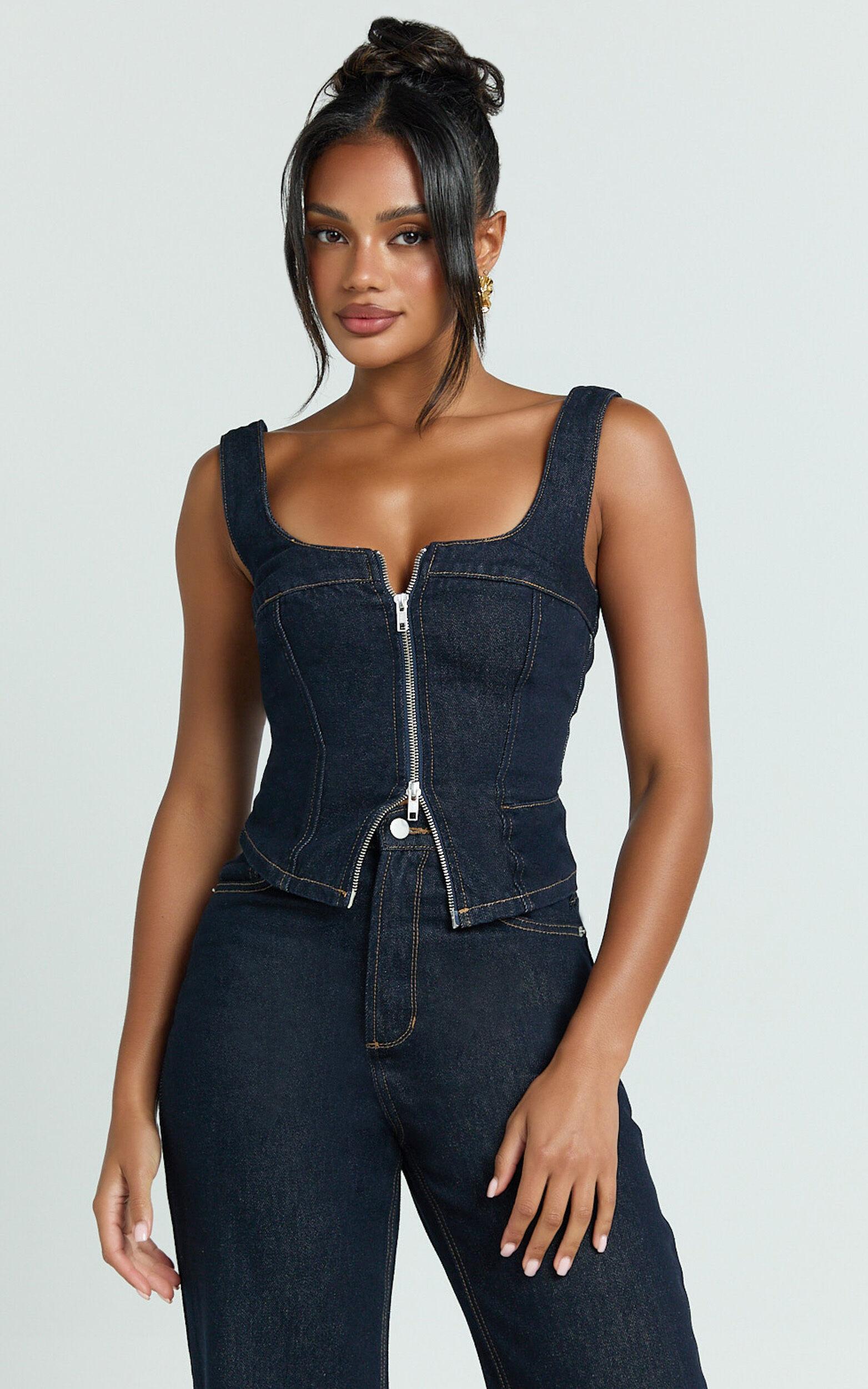 Bellerose Top - Front Zip Denim Fitted Top in Raw Denim with Tobacco Stitch Product Image