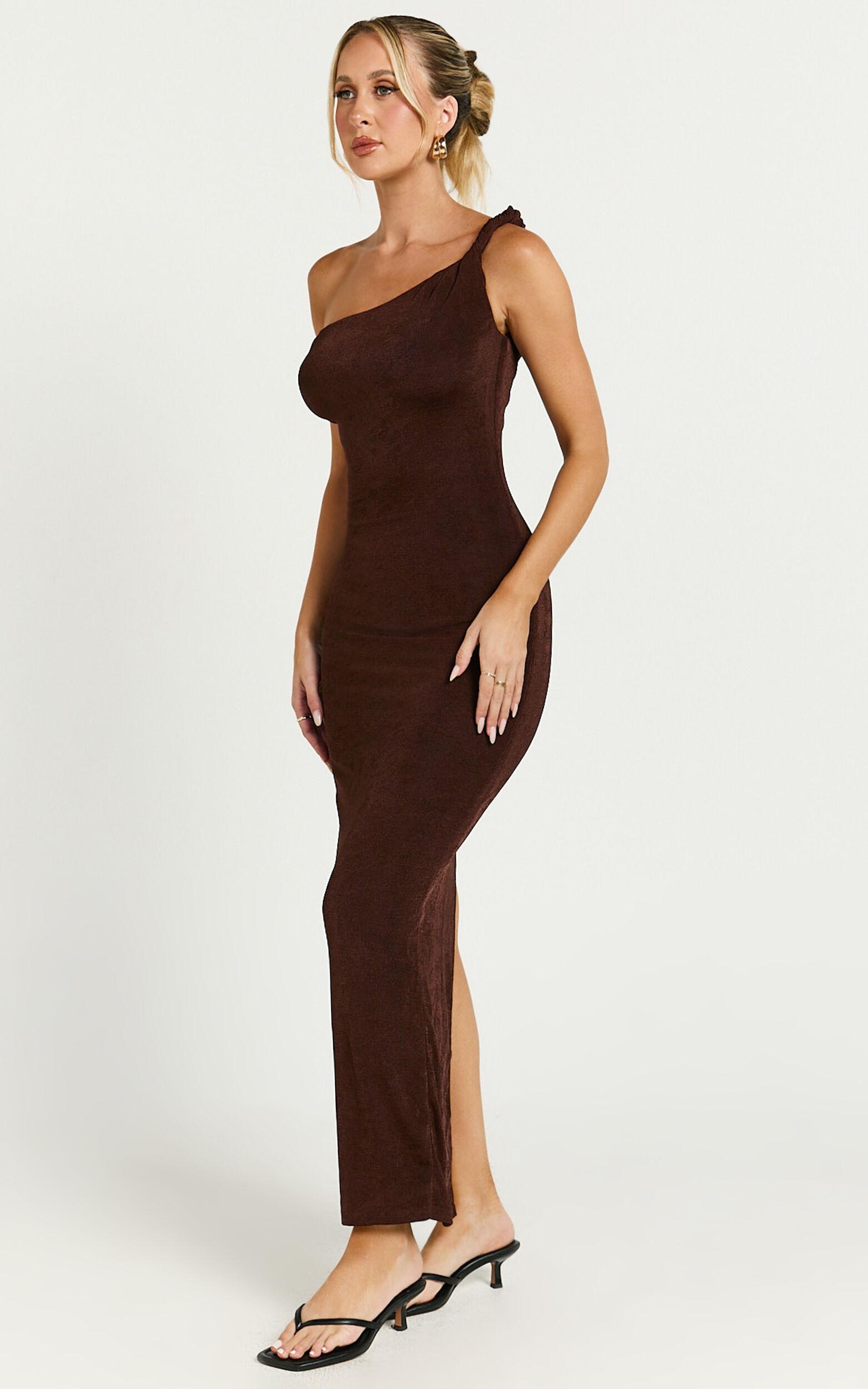 Isabel Midi Dress - Twist Off Shoulder Bodycon Dress in Chocolate Product Image