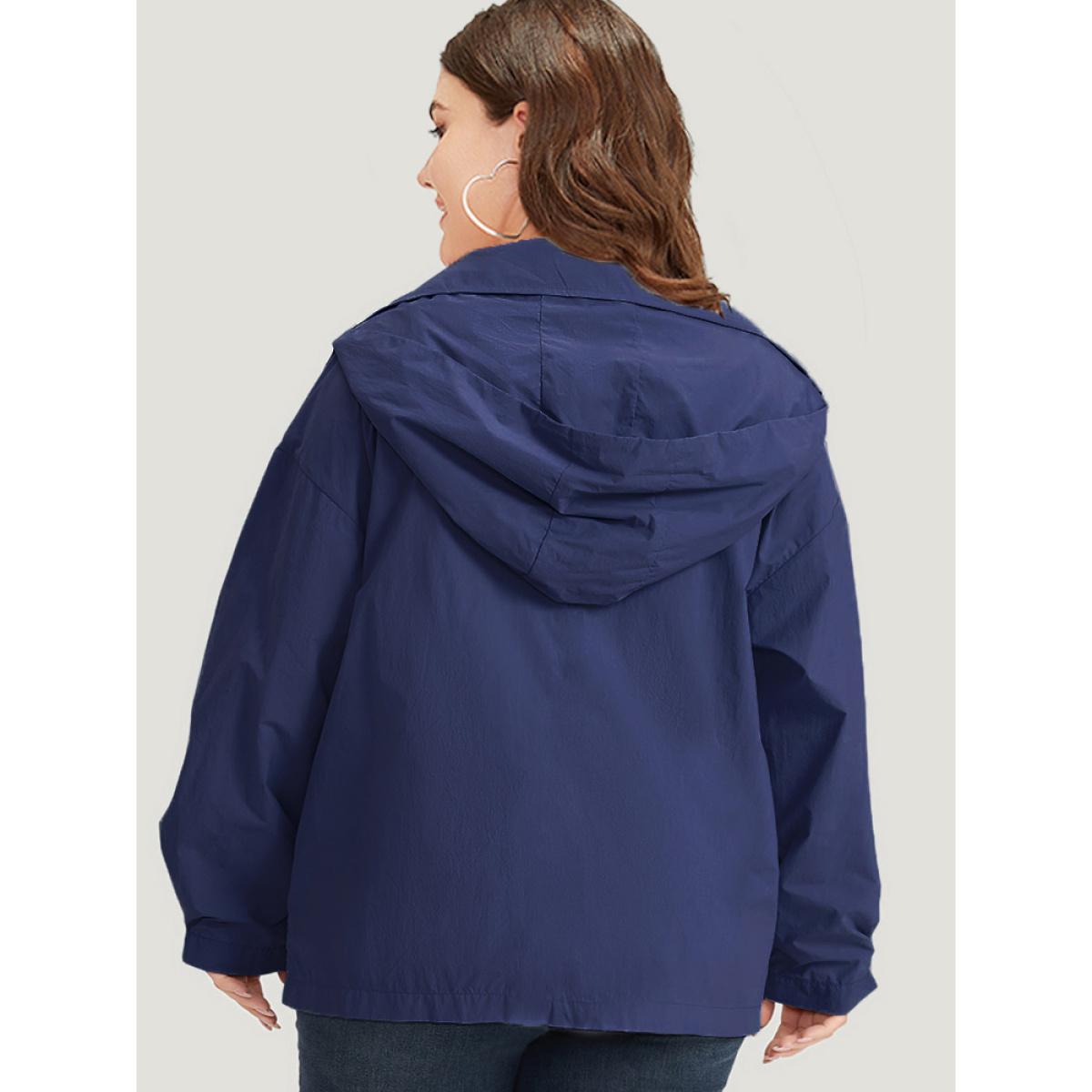 Plus Size Plain Hooded Pocket Zipper Fly Jacket Women DarkBlue Plain Pocket Dailywear Jackets BloomChic 14-16/1X Product Image