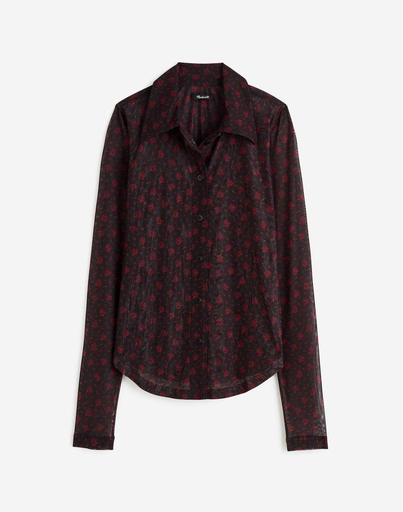 Long-Sleeve Button-Front Top in Floral Mesh Product Image