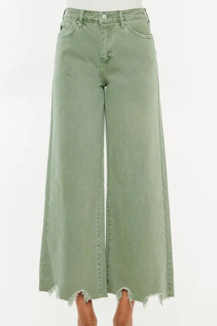 Cropped Wide Leg Jeans - olive and ecru Product Image