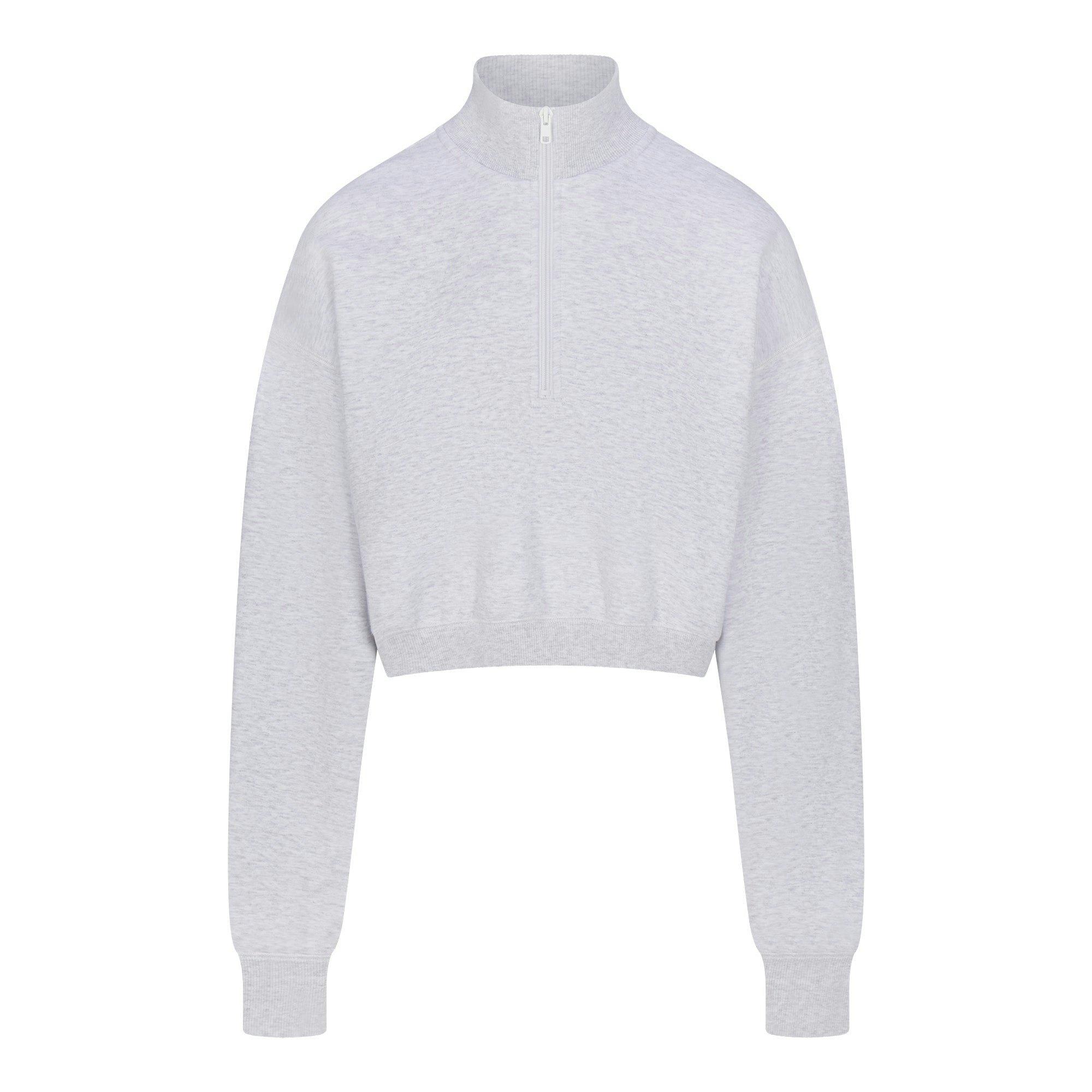 COTTON FLEECE CROPPED HALF ZIP PULLOVER | LIGHT HEATHER GREY Product Image